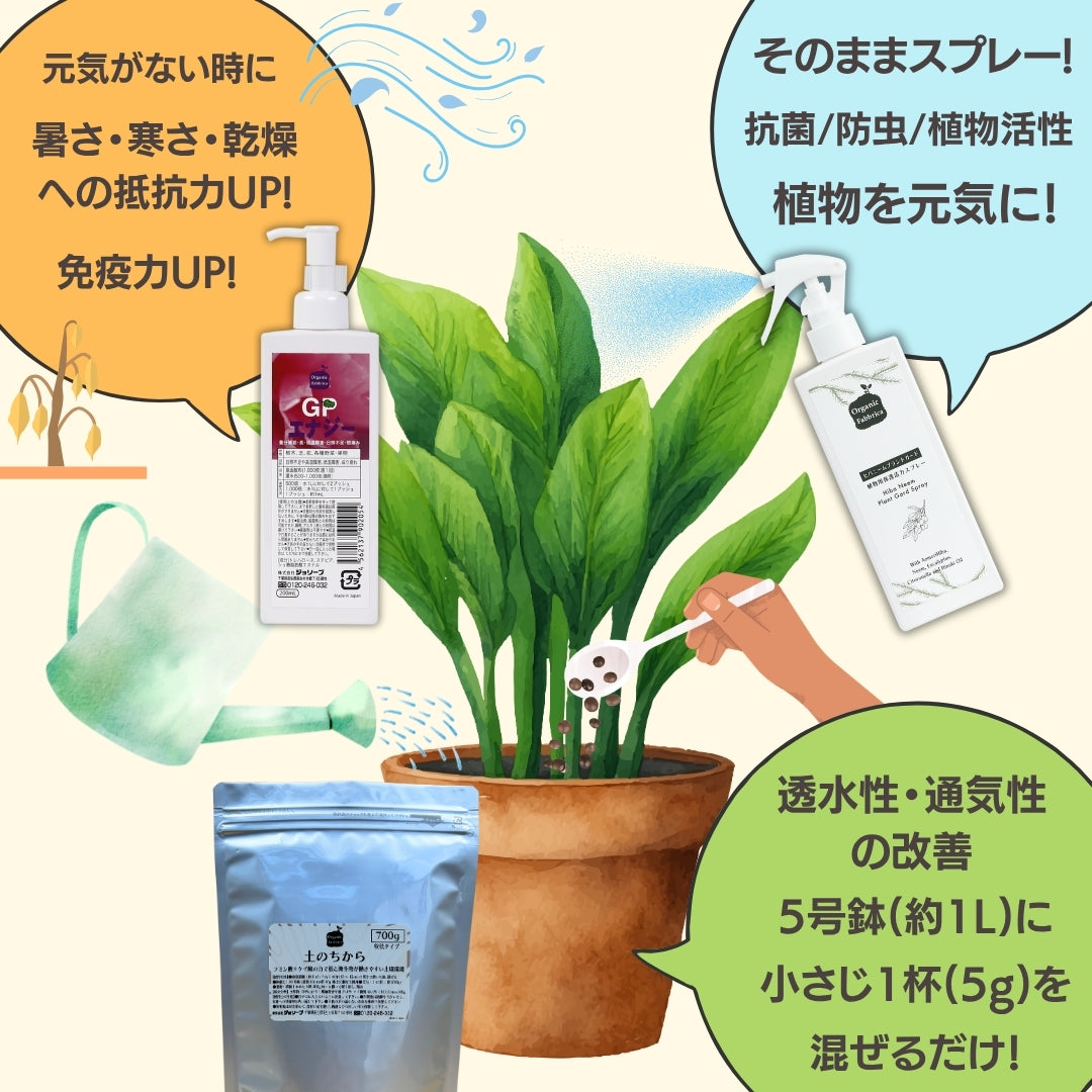 ガーデニングセット 四季の成長サポート3点セット(ヒバニームプラントガード200mL ・GPエナジー100mL・土のちから700g）